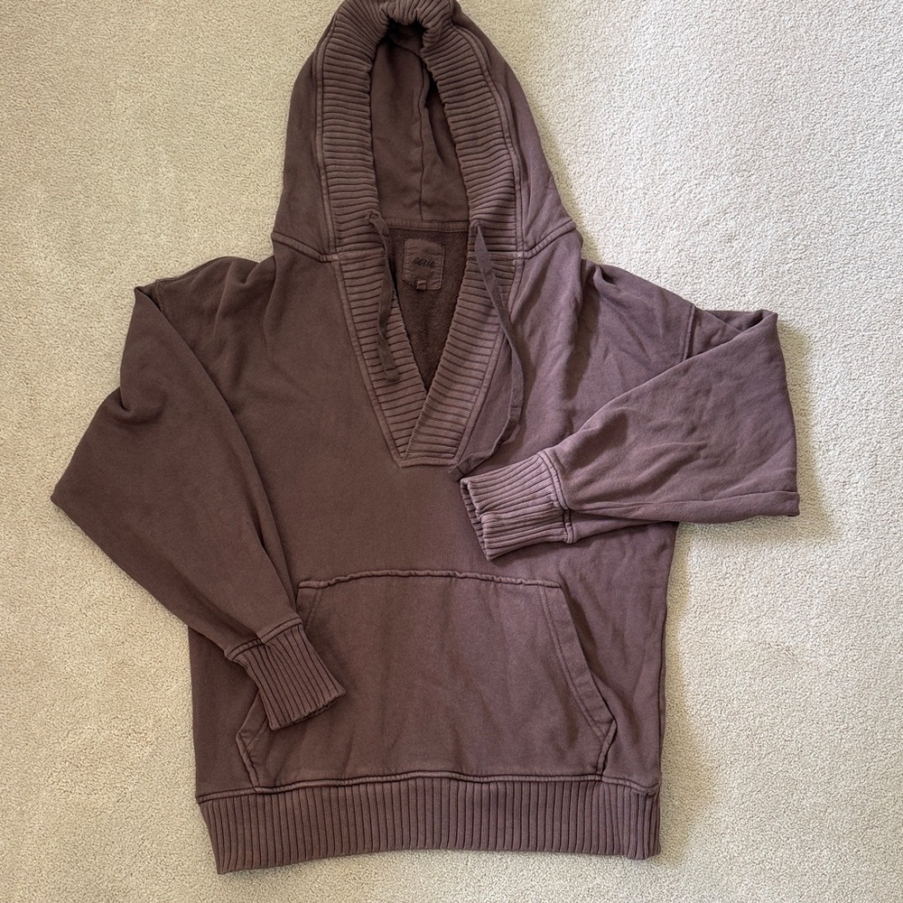 Aerie Womens Oversized V-Neck Hooded Sweater in Brown